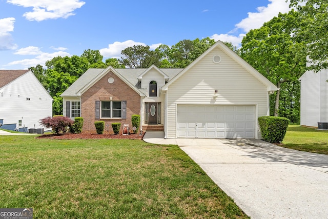 1395 Brisbane Dr, Dacula, GA 30019 - traditional home with brick siding, an attached garage, driveway, a front yard, and central air condition unit