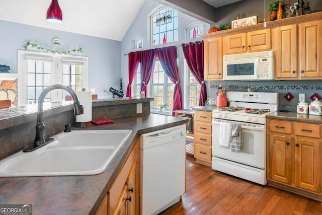 kitchen featuring a sink, dark countertops, a wealth of natural light, and white appliances