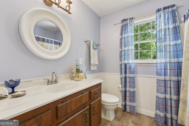 3876 Winners Ct, Marietta, GA 30062 - bathroom with vanity, a wainscoted wall, wood finished floors, and a textured ceiling