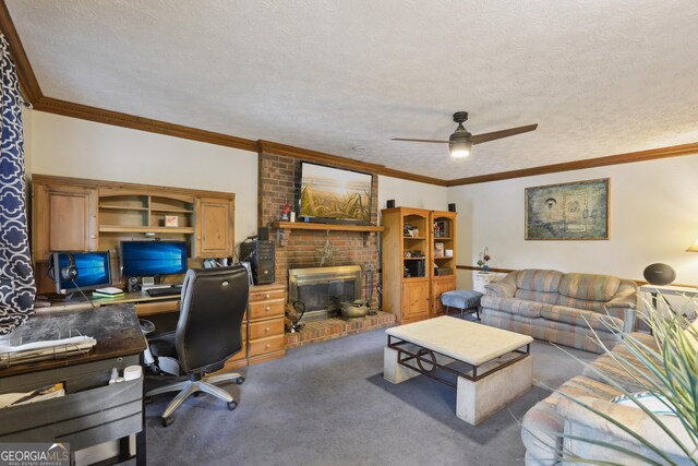 3876 Winners Ct, Marietta, GA 30062 - carpeted living area featuring an office area, ceiling fan, a brick fireplace, a textured ceiling, and ornamental molding