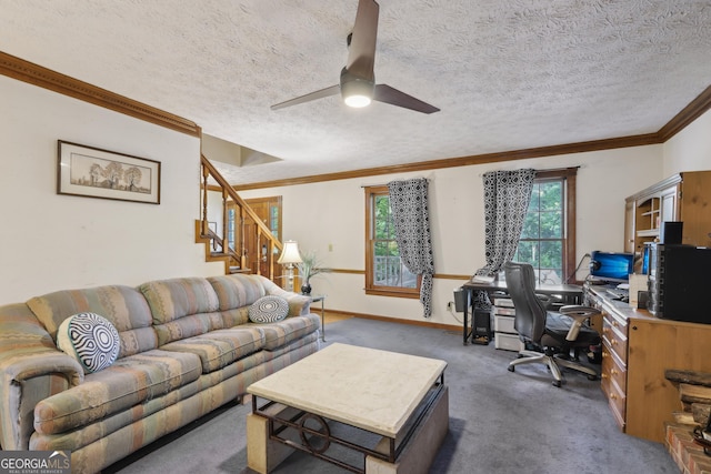 3876 Winners Ct, Marietta, GA 30062 - living room with a desk, dark carpet, a ceiling fan, stairs, and a textured ceiling