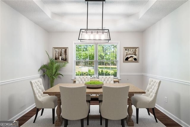 dining area with a raised ceiling, baseboards, and wood finished floors