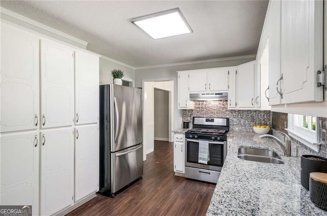 kitchen featuring under cabinet range hood, a sink, dark wood finished floors, backsplash, and stainless steel appliances