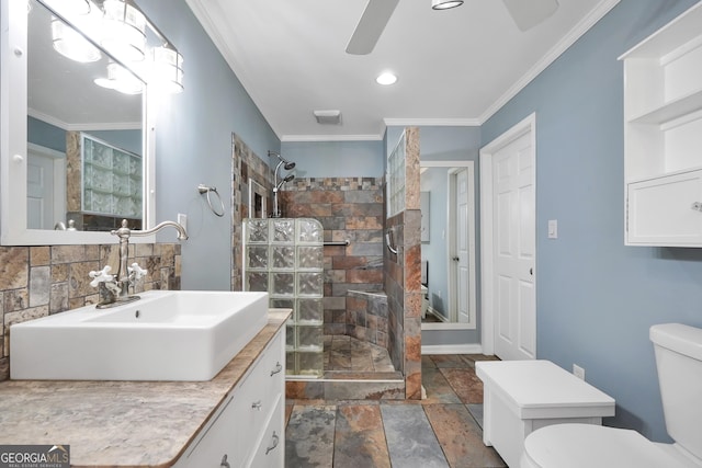 701 Mask Rd, Brooks, GA 30205 - full bathroom featuring crown molding, ceiling fan, toilet, and tiled shower