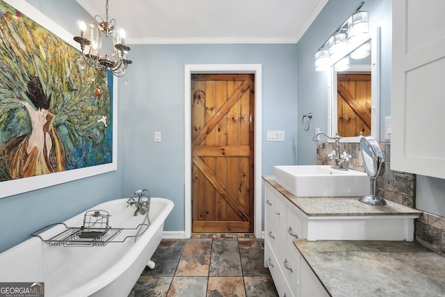 701 Mask Rd, Brooks, GA 30205 - bathroom with vanity, crown molding, a freestanding tub, tasteful backsplash, and stone finish flooring