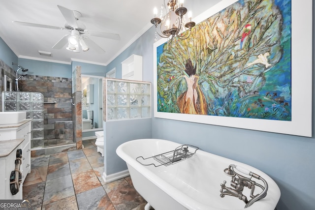 701 Mask Rd, Brooks, GA 30205 - full bath featuring crown molding, a tile shower, toilet, stone tile floors, and a soaking tub
