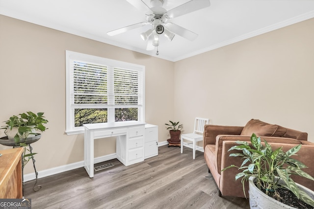 701 Mask Rd, Brooks, GA 30205 - home office featuring ceiling fan, visible vents, crown molding, baseboards, and light wood finished floors