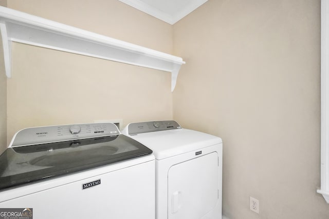 701 Mask Rd, Brooks, GA 30205 - clothes washing area featuring washing machine and clothes dryer, laundry area, and ornamental molding