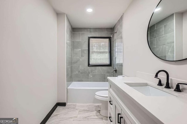 2091 Parker Ranch Rd SE, Atlanta, GA 30316 - full bath featuring vanity, marble finish floor, toilet, recessed lighting, and shower / washtub combination