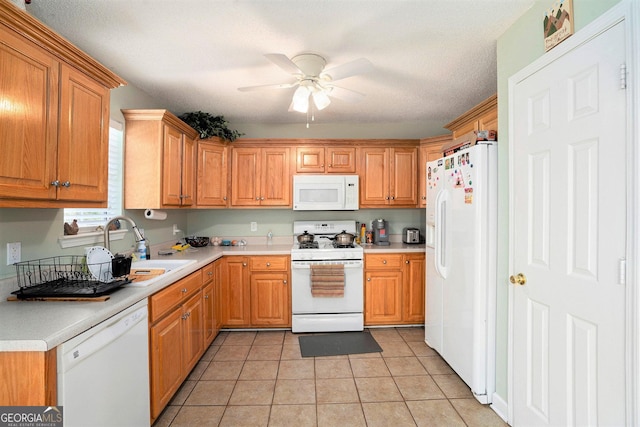 221 Hunters Xing SE, Calhoun, GA 30701 - kitchen with white appliances, a ceiling fan, light countertops, and light tile patterned floors