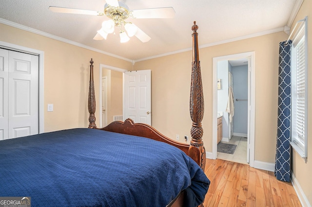 221 Hunters Xing SE, Calhoun, GA 30701 - bedroom featuring light wood-style floors, multiple windows, crown molding, ceiling fan, and ensuite bathroom