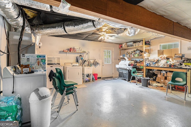 221 Hunters Xing SE, Calhoun, GA 30701 - basement featuring independent washer and dryer, ceiling fan, and a workshop area