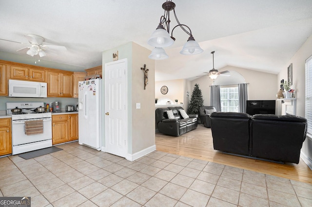 221 Hunters Xing SE, Calhoun, GA 30701 - kitchen featuring white appliances, a ceiling fan, light tile patterned floors, light countertops, and lofted ceiling