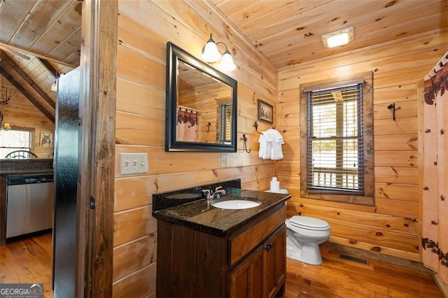 675 Green Ridge Rd, Blue Ridge, GA 30513 - bathroom with wooden walls, wooden ceiling, vanity, and hardwood / wood-style floors