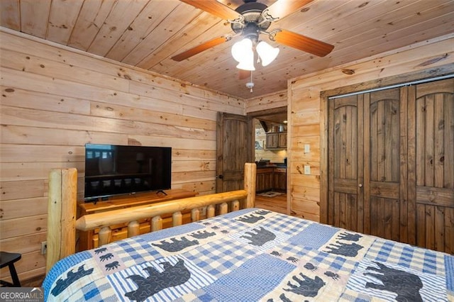 675 Green Ridge Rd, Blue Ridge, GA 30513 - bedroom with wood walls, wood ceiling, and ceiling fan