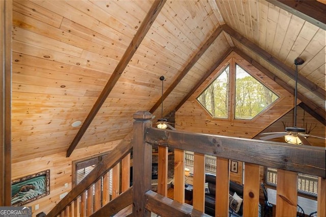 675 Green Ridge Rd, Blue Ridge, GA 30513 - interior details with a ceiling fan, wooden walls, wooden ceiling, and beamed ceiling