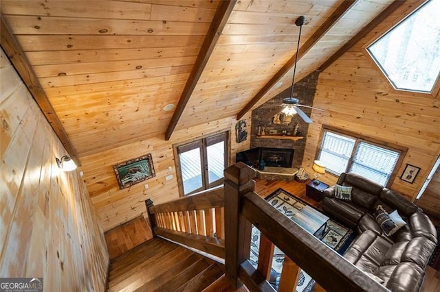 675 Green Ridge Rd, Blue Ridge, GA 30513 - living area featuring wooden walls, ceiling fan, wooden ceiling, and hardwood / wood-style floors