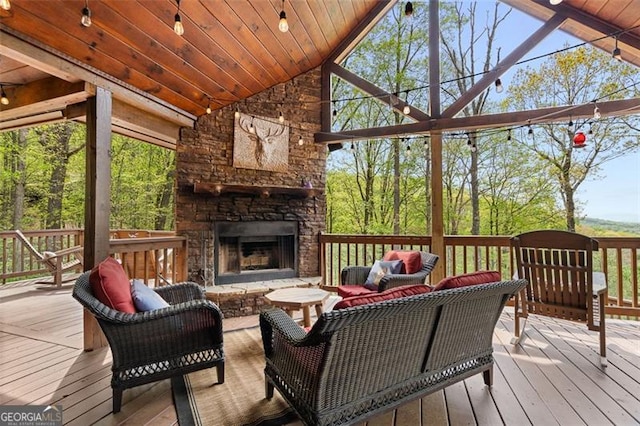 675 Green Ridge Rd, Blue Ridge, GA 30513 - wooden deck with an outdoor living space with a fireplace