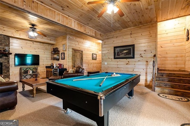 675 Green Ridge Rd, Blue Ridge, GA 30513 - recreation room featuring wood ceiling, ceiling fan, and carpet