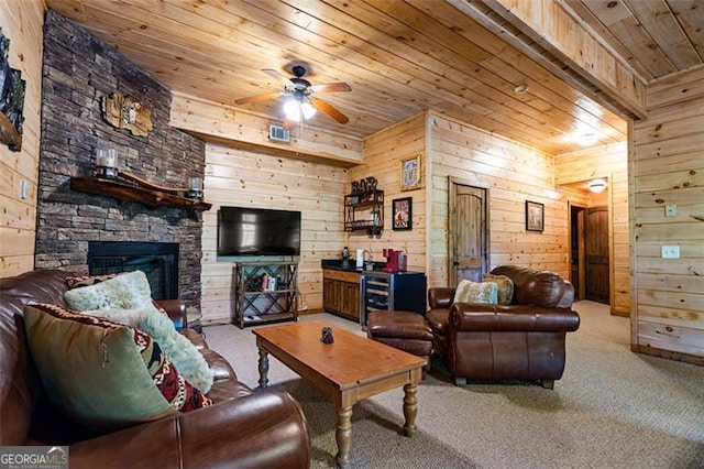 675 Green Ridge Rd, Blue Ridge, GA 30513 - living area with wood ceiling, ceiling fan, light carpet, and wood walls