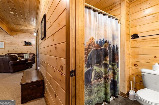 675 Green Ridge Rd, Blue Ridge, GA 30513 - full bath featuring wooden walls, toilet, a shower with curtain, and wooden ceiling