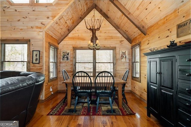 675 Green Ridge Rd, Blue Ridge, GA 30513 - dining room featuring wooden walls, plenty of natural light, and hardwood / wood-style flooring