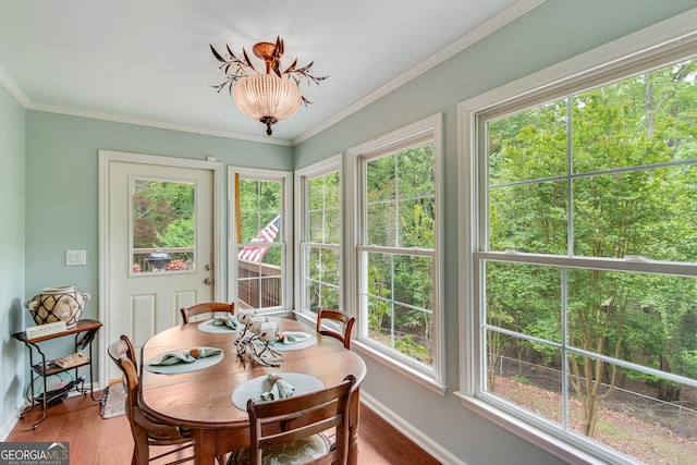 sunroom / solarium featuring crown molding, baseboards, and wood finished floors