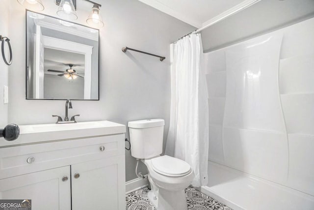 581 Taylor Dr SE, Smyrna, GA 30080 - bathroom featuring a shower with curtain, tile patterned floors, baseboards, vanity, and toilet
