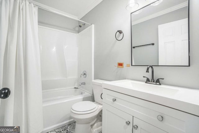 581 Taylor Dr SE, Smyrna, GA 30080 - bathroom featuring crown molding, vanity, shower / bathtub combination with curtain, and toilet