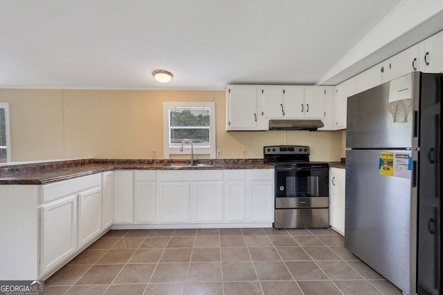 kitchen with a peninsula, under cabinet range hood, white cabinets, a sink, and stainless steel appliances