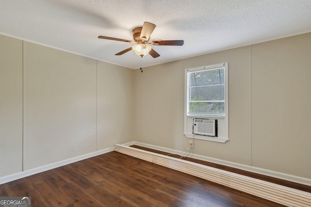 unfurnished room with crown molding, ceiling fan, cooling unit, a textured ceiling, and wood finished floors