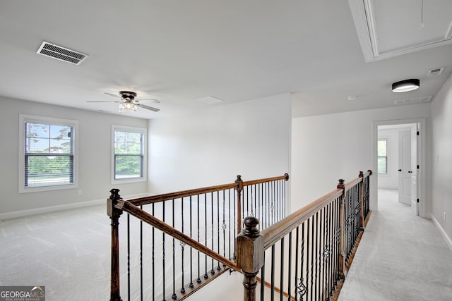 corridor with a wealth of natural light, attic access, light colored carpet, and visible vents
