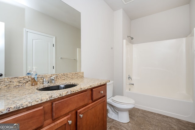 108 Franklin St, Braselton, GA 30517 - bathroom featuring vanity, visible vents, toilet, washtub / shower combination, and tile patterned floors