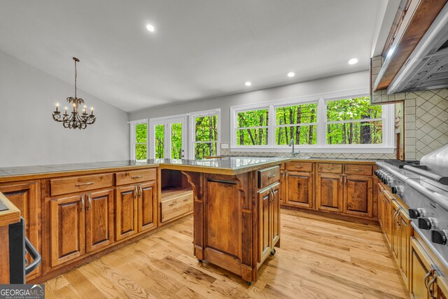 kitchen featuring light wood-style floors, brown cabinets, and a healthy amount of sunlight
