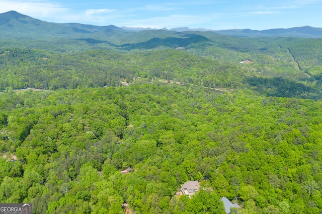 birds eye view of property with a mountain view and a forest view