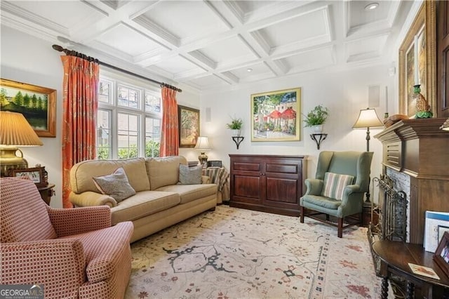 45 Paces W Dr NW, Atlanta, GA 30327 - sitting room featuring a fireplace, ornamental molding, beamed ceiling, and coffered ceiling