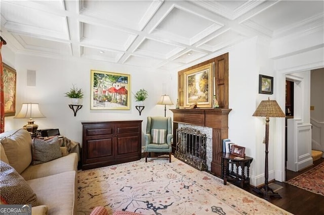 45 Paces W Dr NW, Atlanta, GA 30327 - sitting room with beamed ceiling, wood finished floors, a high end fireplace, and coffered ceiling