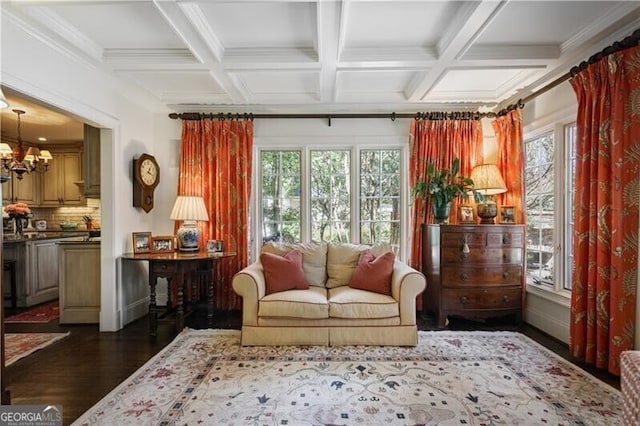 45 Paces W Dr NW, Atlanta, GA 30327 - sitting room with dark wood-type flooring, coffered ceiling, beam ceiling, and an inviting chandelier