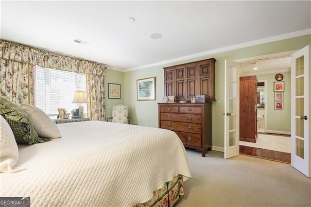 45 Paces W Dr NW, Atlanta, GA 30327 - bedroom featuring visible vents, ornamental molding, french doors, and light carpet