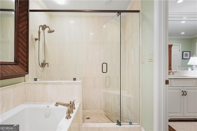 45 Paces W Dr NW, Atlanta, GA 30327 - full bath with vanity, ornamental molding, recessed lighting, a bath, and a shower stall