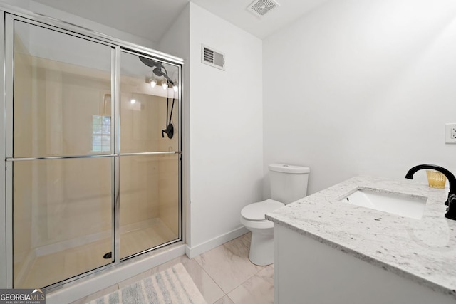 full bath with visible vents, marble finish floor, a stall shower, and toilet