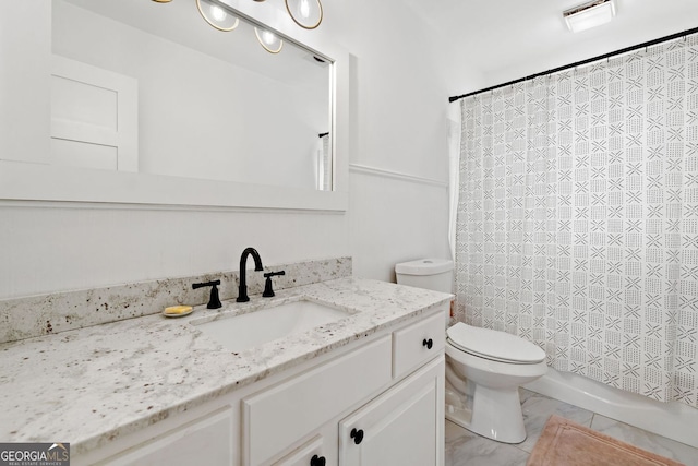 bathroom with toilet, visible vents, marble finish floor, and vanity