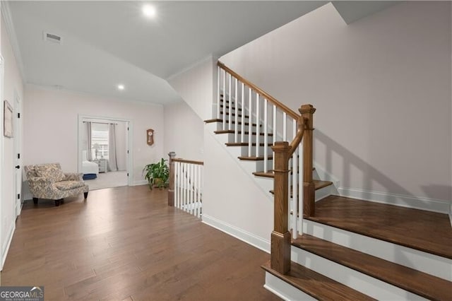 1074 Heyward Way, Alpharetta, GA 30009 - staircase with visible vents, wood finished floors, baseboards, ornamental molding, and recessed lighting