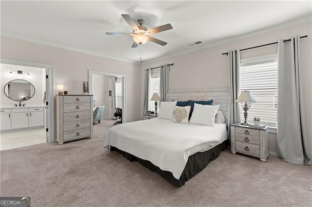 1074 Heyward Way, Alpharetta, GA 30009 - bedroom featuring a ceiling fan, visible vents, light colored carpet, ornamental molding, and ensuite bath
