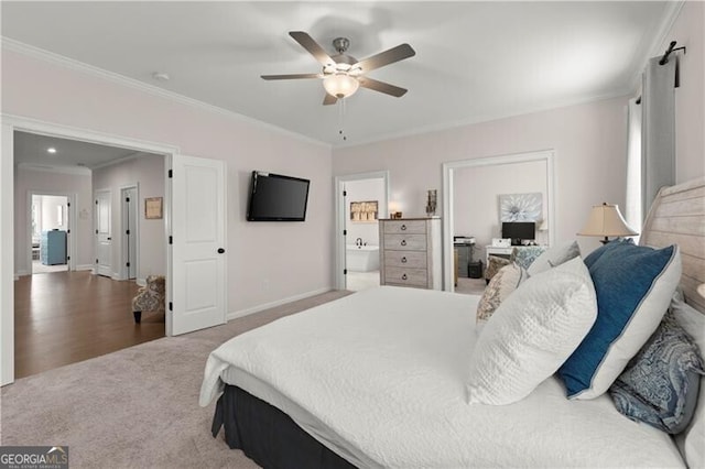 1074 Heyward Way, Alpharetta, GA 30009 - carpeted bedroom with crown molding, baseboards, and a ceiling fan