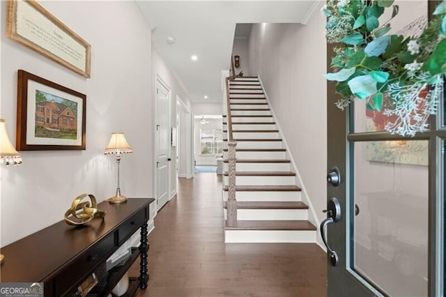 1074 Heyward Way, Alpharetta, GA 30009 - foyer featuring recessed lighting, baseboards, wood finished floors, and stairway