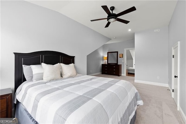 1074 Heyward Way, Alpharetta, GA 30009 - bedroom featuring baseboards, light carpet, ceiling fan, and lofted ceiling