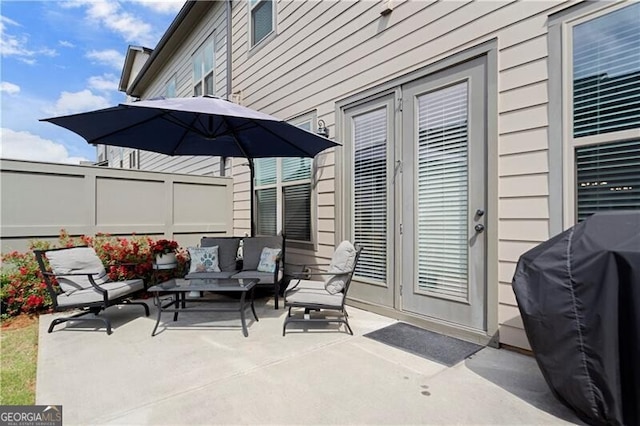 1074 Heyward Way, Alpharetta, GA 30009 - view of patio featuring an outdoor living space, fence, and grilling area