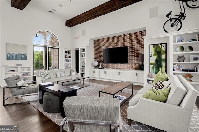 1074 Heyward Way, Alpharetta, GA 30009 - living room featuring visible vents, wood finished floors, a high ceiling, and beamed ceiling