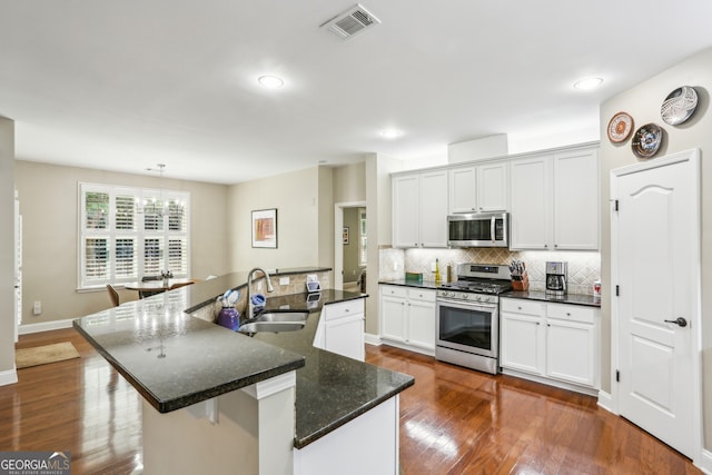 kitchen with visible vents, decorative backsplash, a sink, dark wood finished floors, and stainless steel appliances